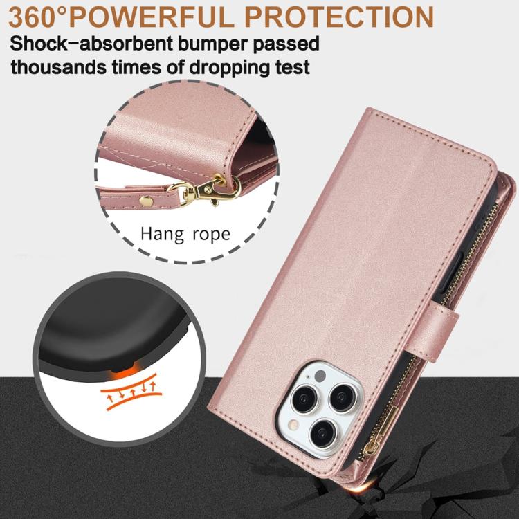 For iPhone 16 Pro YM016 Rhombic Zipper Card Wallet Leather Phone Case with Lanyard(Rose Gold) - iPhone 16 Pro Cases by buy2fix | Online Shopping UK | buy2fix