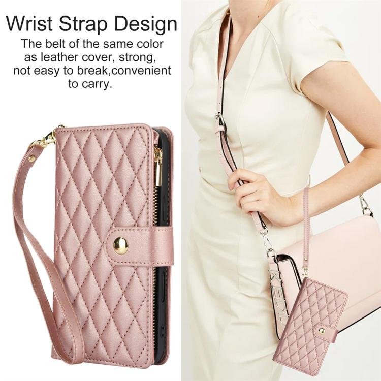 For iPhone 16 Pro YM016 Rhombic Zipper Card Wallet Leather Phone Case with Lanyard(Rose Gold) - iPhone 16 Pro Cases by buy2fix | Online Shopping UK | buy2fix