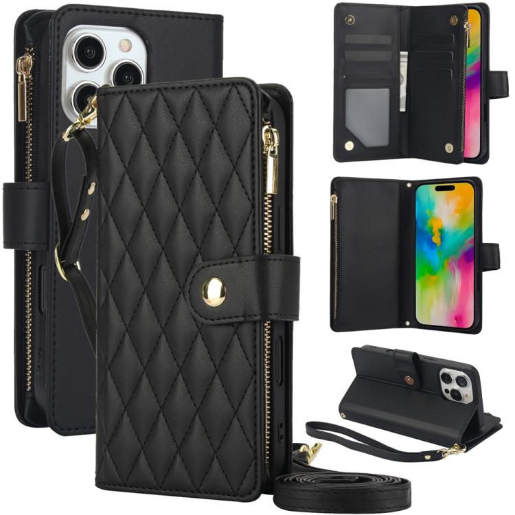 For iPhone 16 Pro YM016 Rhombic Zipper Card Wallet Leather Phone Case with Lanyard(Black) - iPhone 16 Pro Cases by buy2fix | Online Shopping UK | buy2fix