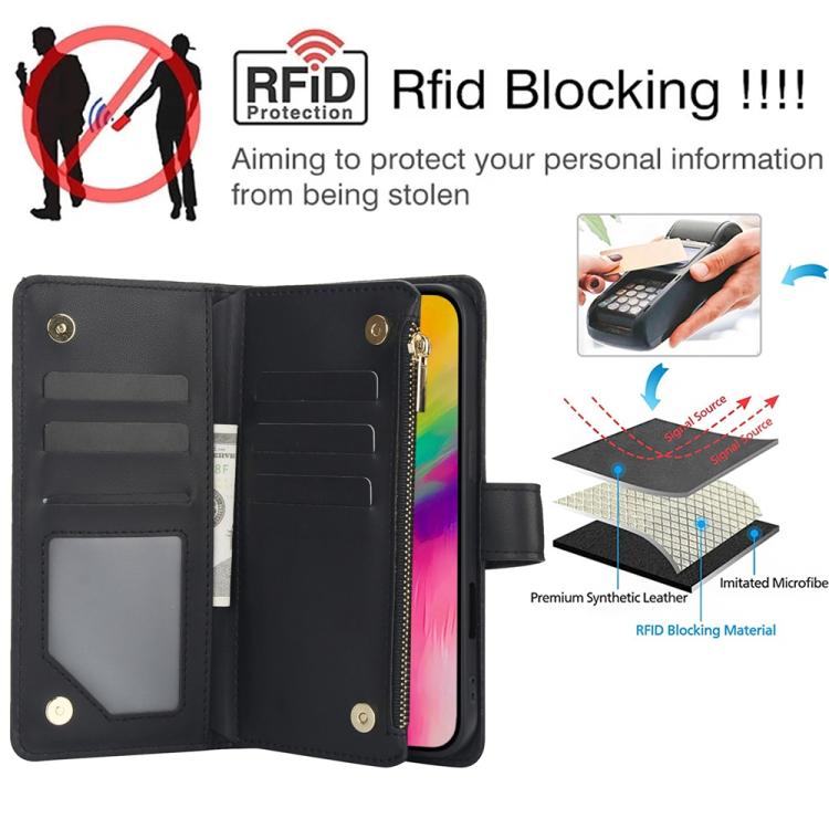 For iPhone 16 Pro YM016 Rhombic Zipper Card Wallet Leather Phone Case with Lanyard(Black) - iPhone 16 Pro Cases by buy2fix | Online Shopping UK | buy2fix