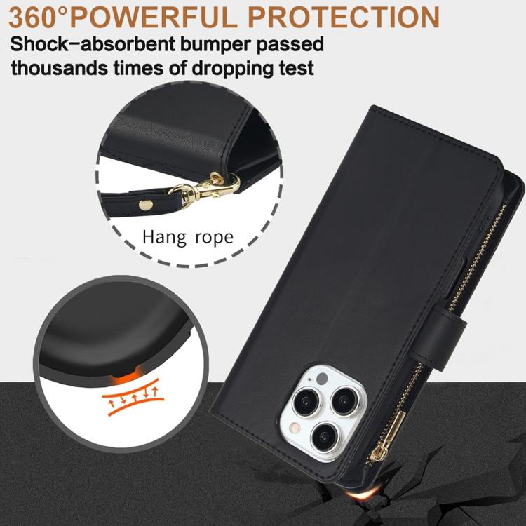 For iPhone 16 Pro YM016 Rhombic Zipper Card Wallet Leather Phone Case with Lanyard(Black) - iPhone 16 Pro Cases by buy2fix | Online Shopping UK | buy2fix