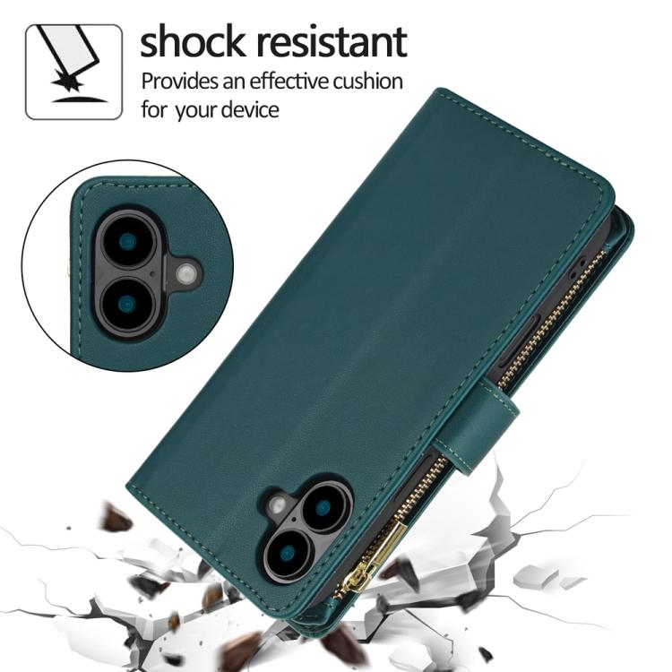 For iPhone 16 Plus YM016 Rhombic Zipper Card Wallet Leather Phone Case with Lanyard(Green) - iPhone 16 Plus Cases by buy2fix | Online Shopping UK | buy2fix