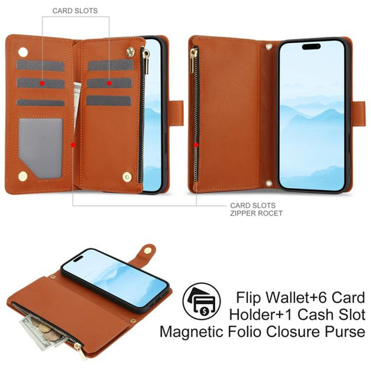For iPhone 16 Plus YM016 Rhombic Zipper Card Wallet Leather Phone Case with Lanyard(Brown) - iPhone 16 Plus Cases by buy2fix | Online Shopping UK | buy2fix