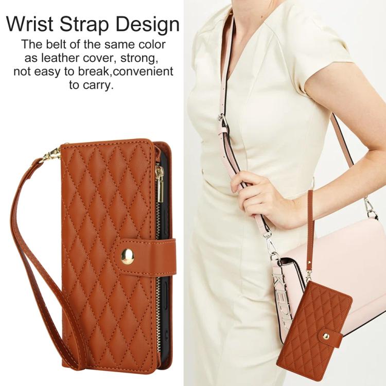 For iPhone 16 Plus YM016 Rhombic Zipper Card Wallet Leather Phone Case with Lanyard(Brown) - iPhone 16 Plus Cases by buy2fix | Online Shopping UK | buy2fix