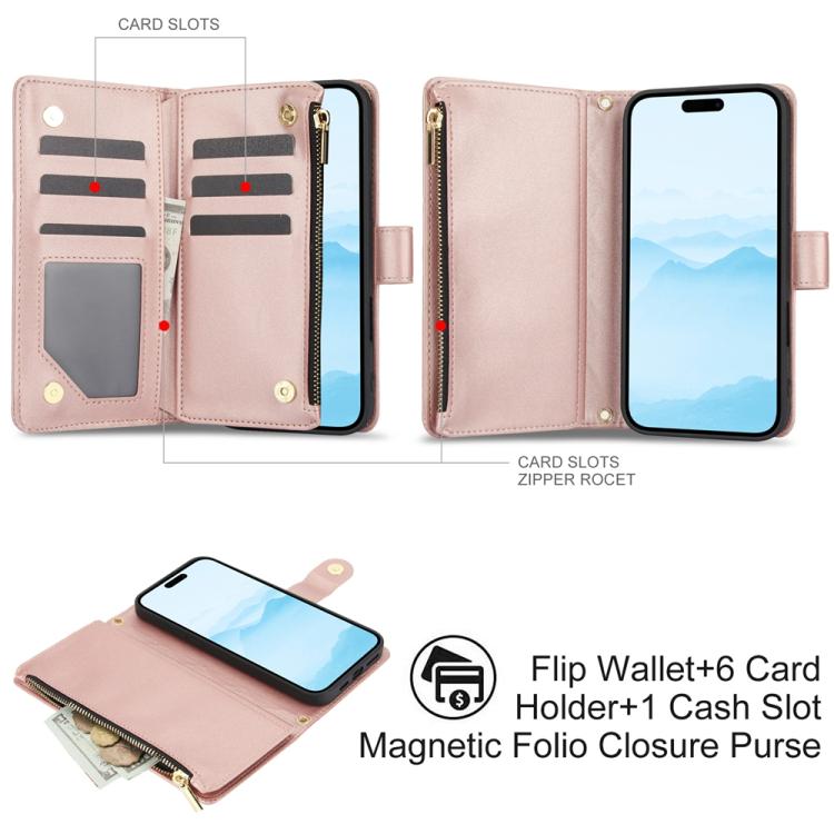For iPhone 16 Plus YM016 Rhombic Zipper Card Wallet Leather Phone Case with Lanyard(Rose Gold) - iPhone 16 Plus Cases by buy2fix | Online Shopping UK | buy2fix