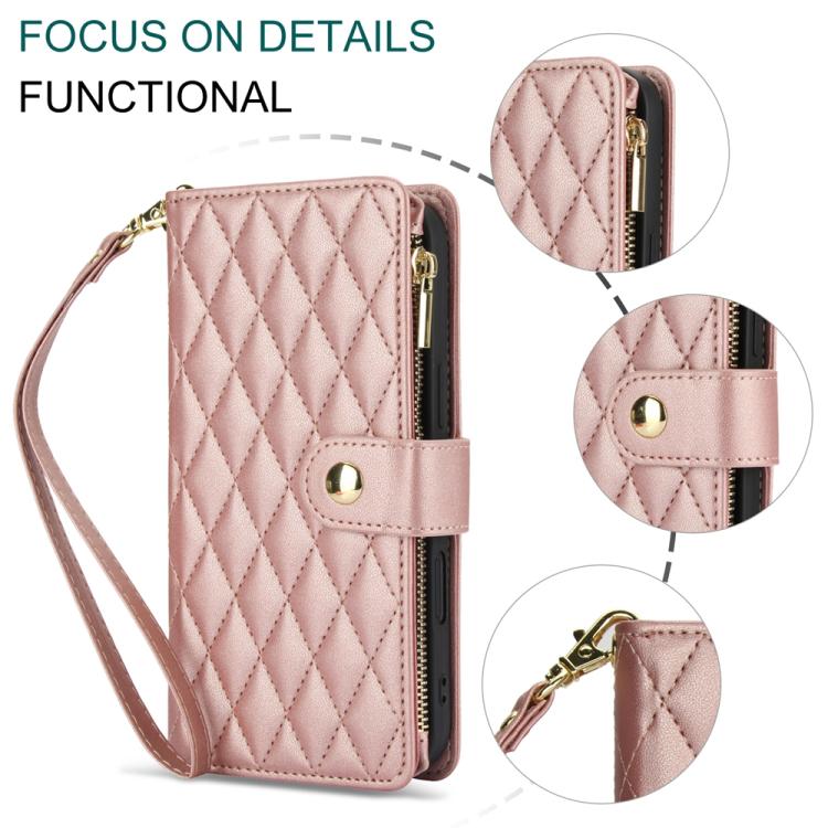 For iPhone 16 Plus YM016 Rhombic Zipper Card Wallet Leather Phone Case with Lanyard(Rose Gold) - iPhone 16 Plus Cases by buy2fix | Online Shopping UK | buy2fix