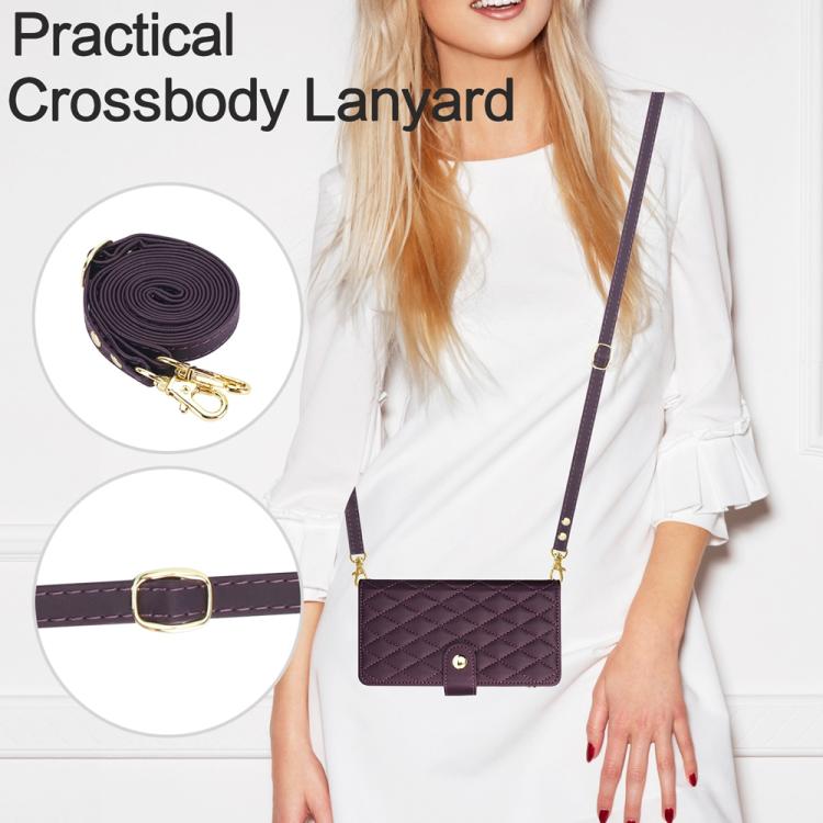 For iPhone 16e YM016 Rhombic Zipper Card Wallet Leather Phone Case with Lanyard(Dark Purple) - iPhone 16e Cases by buy2fix | Online Shopping UK | buy2fix
