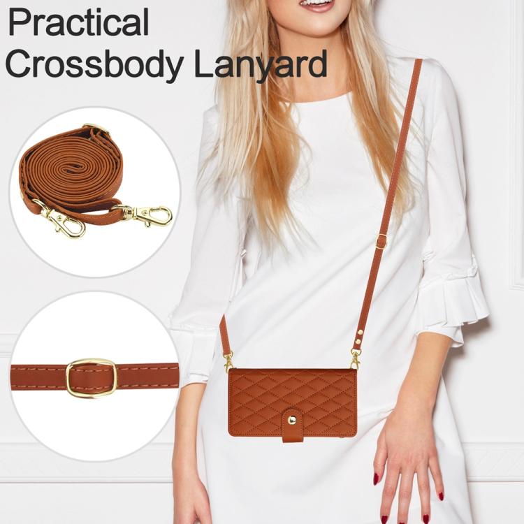 For iPhone 16e YM016 Rhombic Zipper Card Wallet Leather Phone Case with Lanyard(Brown) - iPhone 16e Cases by buy2fix | Online Shopping UK | buy2fix