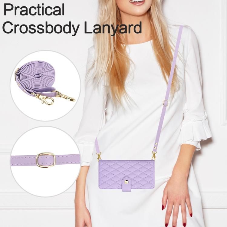 For iPhone 16e YM016 Rhombic Zipper Card Wallet Leather Phone Case with Lanyard(Light Purple) - iPhone 16e Cases by buy2fix | Online Shopping UK | buy2fix