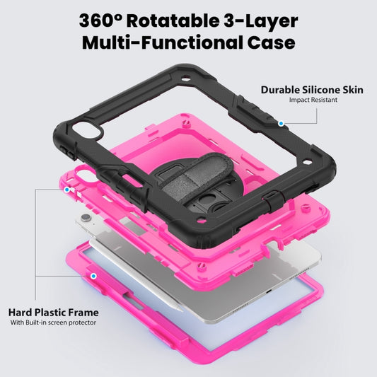 For iPad Air 11 2025 / 2024 Turntable Holder Silicone Hybrid PC Tablet Case with Shoulder Strap(Rose Red + Black) by buy2fix