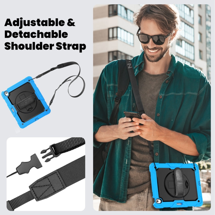 For iPad Air 13 2025 / 2024 Turntable Holder Silicone Hybrid PC Tablet Case with Shoulder Strap(Black + Light Blue) by buy2fix