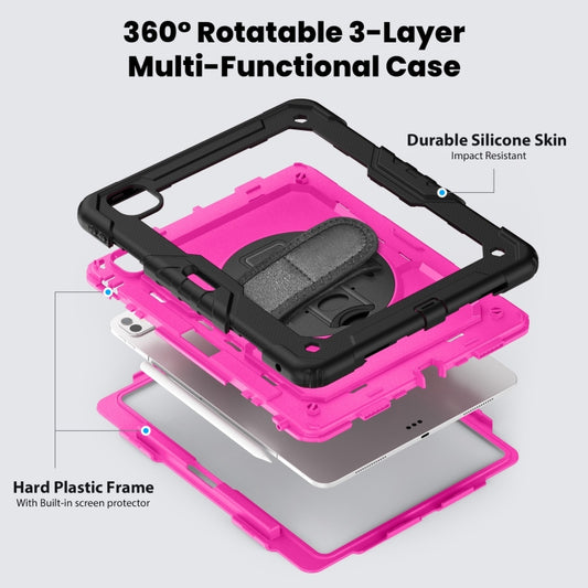 For iPad Pro 13 2025 / 2024 Turntable Holder Silicone Hybrid PC Tablet Case with Shoulder Strap(Rose Red + Black) by buy2fix
