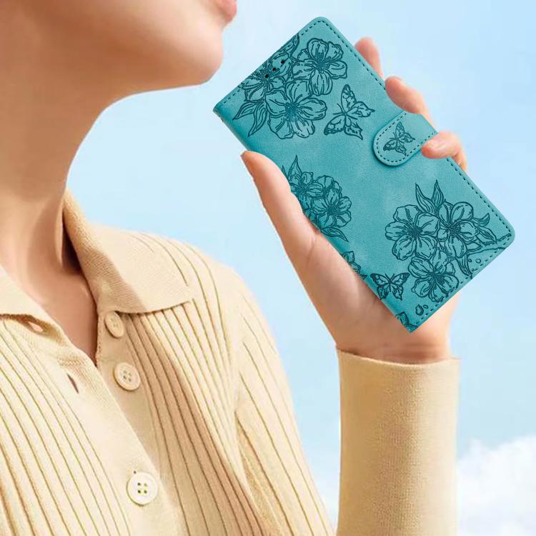 For iPhone 16e Cherry Blossom Butterfly Skin Feel Embossed PU Phone Case(Green) - iPhone 16e Cases by buy2fix | Online Shopping UK | buy2fix