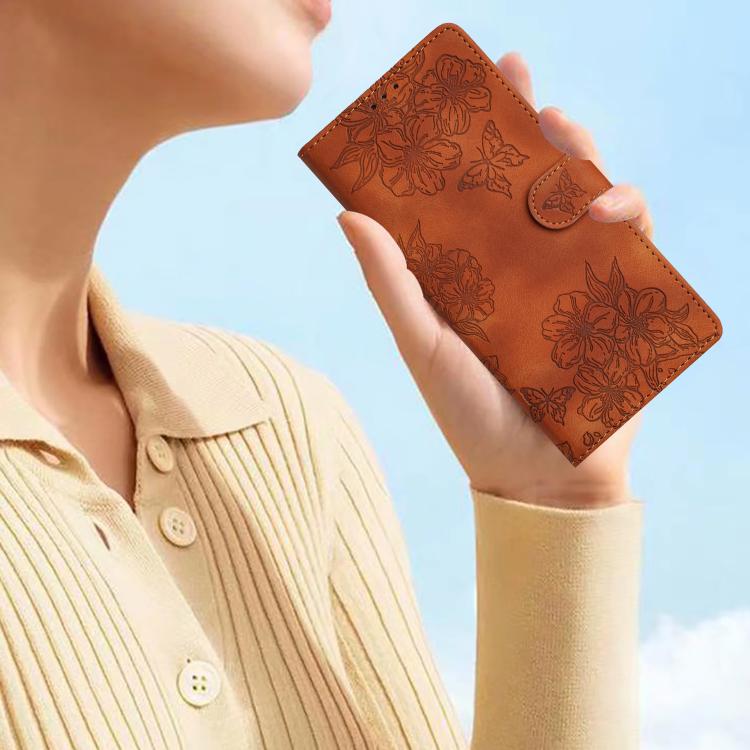 For iPhone 16e Cherry Blossom Butterfly Skin Feel Embossed PU Phone Case(Brown) - iPhone 16e Cases by buy2fix | Online Shopping UK | buy2fix