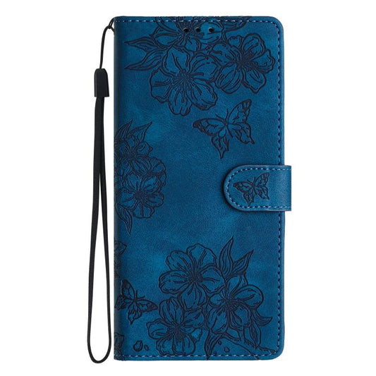 For iPhone Air Cherry Blossom Butterfly Skin Feel Embossed PU Phone Case(Blue) - iPhone Air Cases by buy2fix | Online Shopping UK | buy2fix
