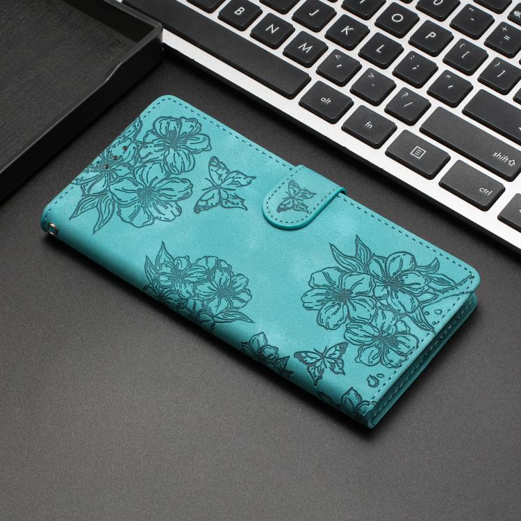 For iPhone Air Cherry Blossom Butterfly Skin Feel Embossed PU Phone Case(Green) - iPhone Air Cases by buy2fix | Online Shopping UK | buy2fix