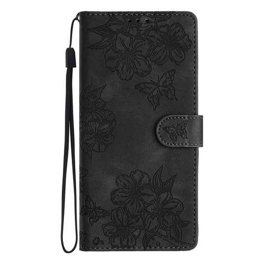 For iPhone Air Cherry Blossom Butterfly Skin Feel Embossed PU Phone Case(Black) - iPhone Air Cases by buy2fix | Online Shopping UK | buy2fix
