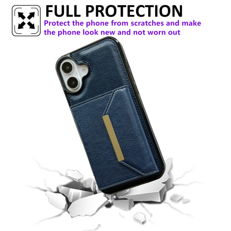 For iPhone 16 Solid Color Metal Buckle Card Slots Bag Phone Case(Blue) by buy2fix