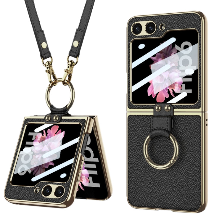 For Samsung Galaxy Z Flip6 / Flip7 FE GKK Integrated Electroplating Leather Phone Case with Ring/Strap(Black) - Galaxy Z Flip6 5G Cases by GKK | Online Shopping UK | buy2fix
