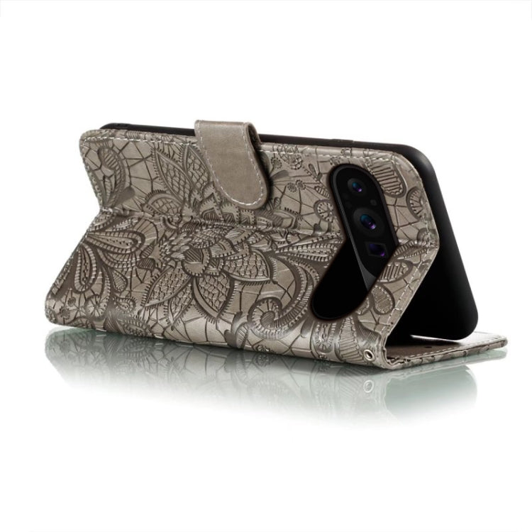 For Google Pixel 9 Pro Lace Flower Embossing Flip Leather Phone Case(Grey) by buy2fix
