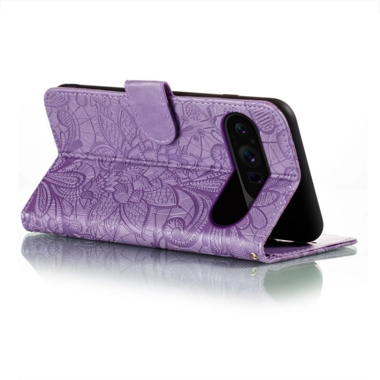 For Google Pixel 9 Pro Lace Flower Embossing Flip Leather Phone Case(Purple) by buy2fix