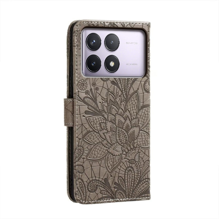 For Xiaomi Redmi K70 Lace Flower Embossing Flip Leather Phone Case(Grey) - Xiaomi Cases by buy2fix | Online Shopping UK | buy2fix