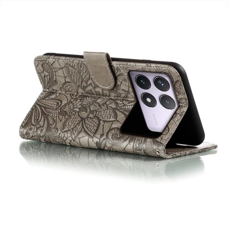 For Xiaomi Redmi K70 Lace Flower Embossing Flip Leather Phone Case(Grey) - Xiaomi Cases by buy2fix | Online Shopping UK | buy2fix