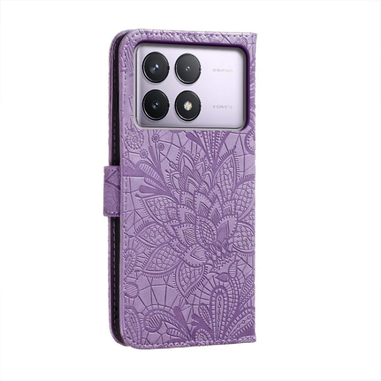 For Xiaomi Redmi K70 Lace Flower Embossing Flip Leather Phone Case(Purple) - Xiaomi Cases by buy2fix | Online Shopping UK | buy2fix