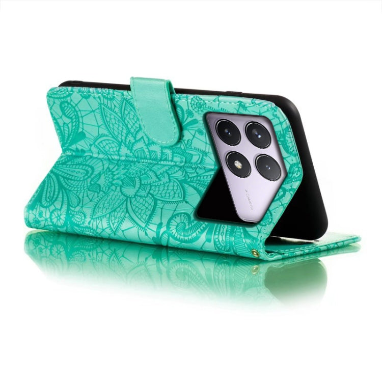 For Xiaomi Redmi K70 Lace Flower Embossing Flip Leather Phone Case(Green) - Xiaomi Cases by buy2fix | Online Shopping UK | buy2fix
