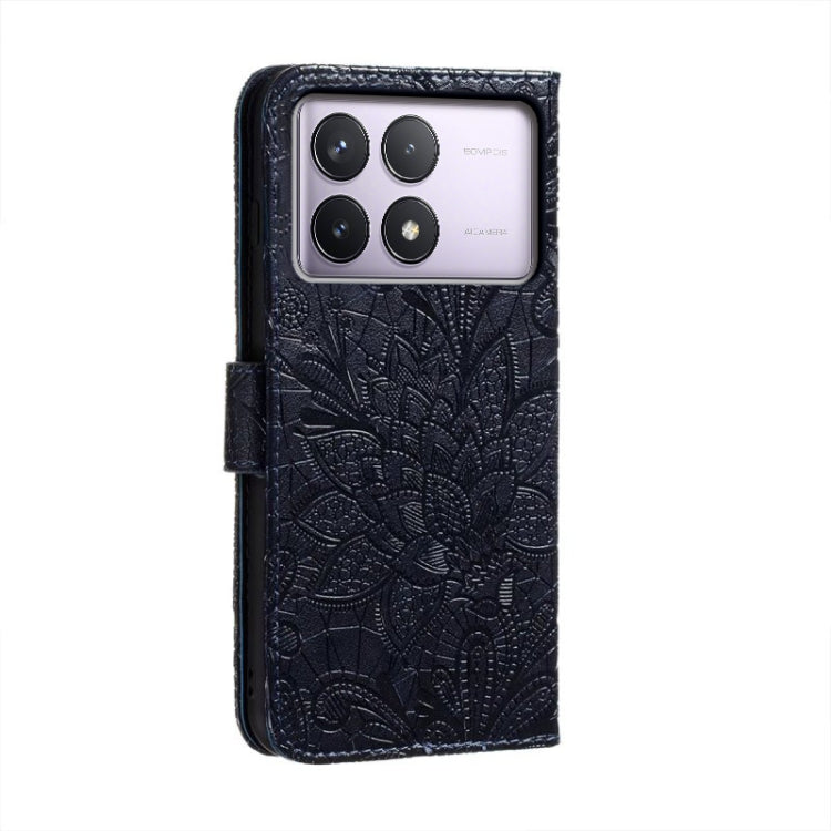 For Xiaomi Redmi K70 Lace Flower Embossing Flip Leather Phone Case(Dark Blue) - Xiaomi Cases by buy2fix | Online Shopping UK | buy2fix