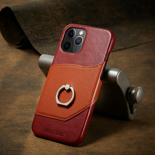 For iPhone 12 Pro Max Fierre Shann Oil Wax Texture Genuine Leather Back Cover Case with 360 Degree Rotation Holder & Card Slot(Red+Light Brown) - iPhone 12 Pro Max Cases by FIERRE SHANN | Online Shopping UK | buy2fix