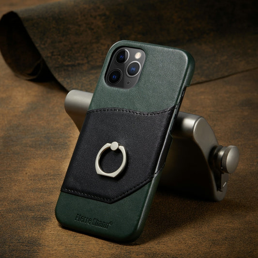 For iPhone 12 / 12 Pro Fierre Shann Oil Wax Texture Genuine Leather Back Cover Case with 360 Degree Rotation Holder & Card Slot(Black+Green) - iPhone 12 / 12 Pro Cases by FIERRE SHANN | Online Shopping UK | buy2fix