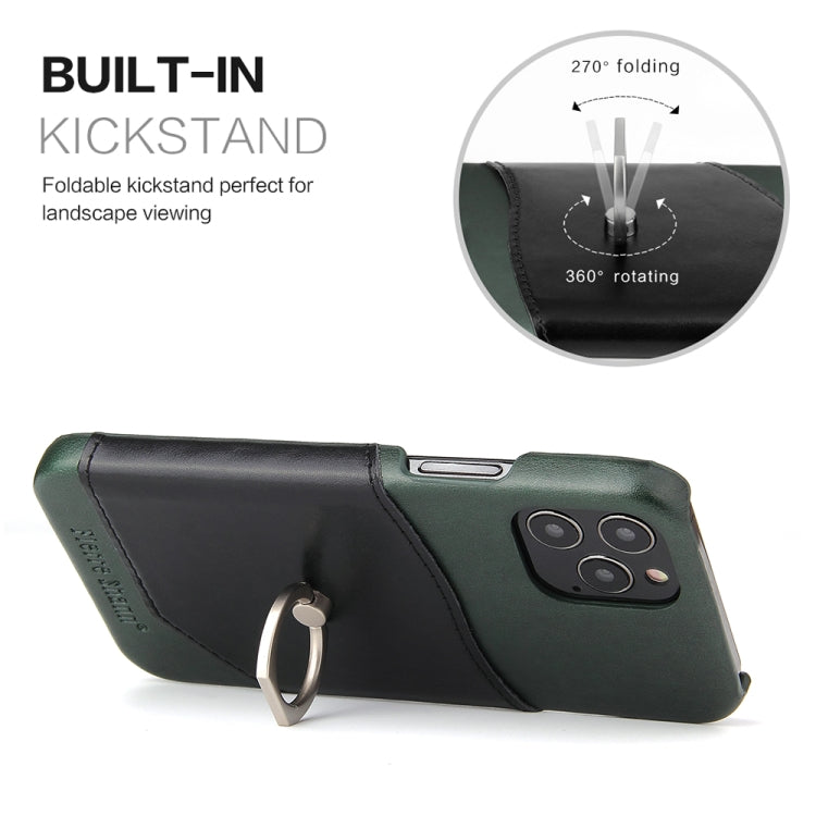 For iPhone 12 / 12 Pro Fierre Shann Oil Wax Texture Genuine Leather Back Cover Case with 360 Degree Rotation Holder & Card Slot(Black+Green) - iPhone 12 / 12 Pro Cases by FIERRE SHANN | Online Shopping UK | buy2fix