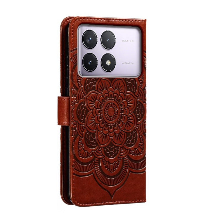 For Xiaomi Redmi K70 Sun Mandala Embossing Pattern Phone Leather Case(Brown) - Xiaomi Cases by buy2fix | Online Shopping UK | buy2fix