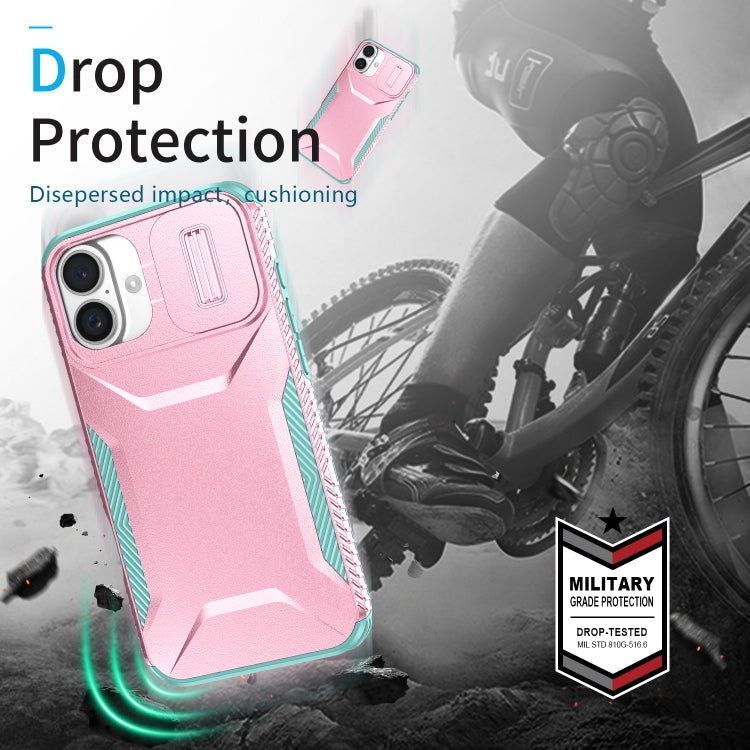 For iPhone 16 Plus Sliding Camshield Phone Case(Pink + Grey Green) by buy2fix