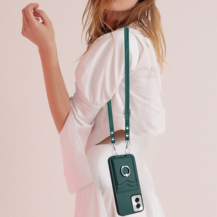 For Motorola Moto G Power 5G 2024 R20 Crossbody Rope Ring Card Holder Phone Case(Green) by buy2fix