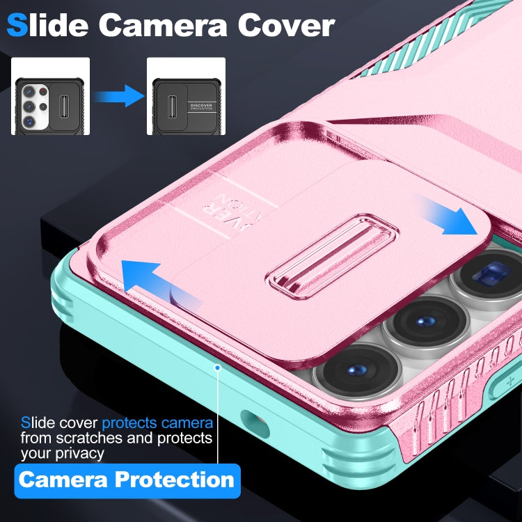 For Samsung Galaxy S25 Ultra 5G Sliding Camshield Phone Case(Pink + Grey Green) by buy2fix