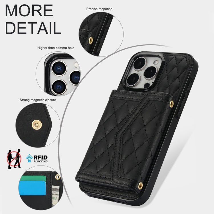 For iPhone 11 Pro Splicing Rhombic Texture Card Bag Phone Case with Long Lanyard(Black) - iPhone 11 Pro Cases by buy2fix | Online Shopping UK | buy2fix