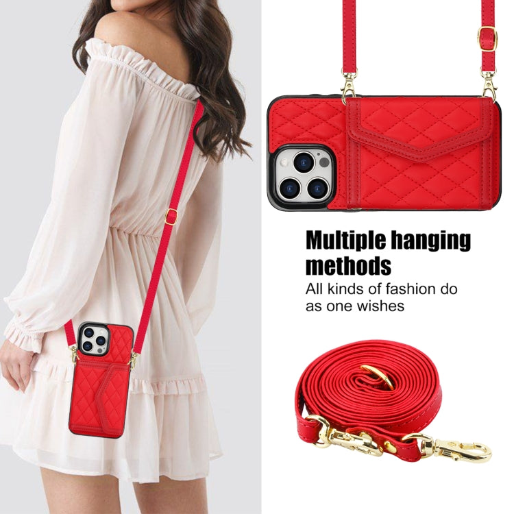 For iPhone 13 / 14 Splicing Rhombic Texture Card Bag Phone Case with Long Lanyard(Red) - iPhone 14 Cases by buy2fix | Online Shopping UK | buy2fix