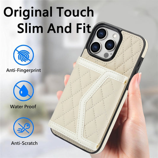 For iPhone 13 Pro Max Splicing Rhombic Texture Card Bag Phone Case with Long Lanyard(Beige) - iPhone 13 Pro Max Cases by buy2fix | Online Shopping UK | buy2fix