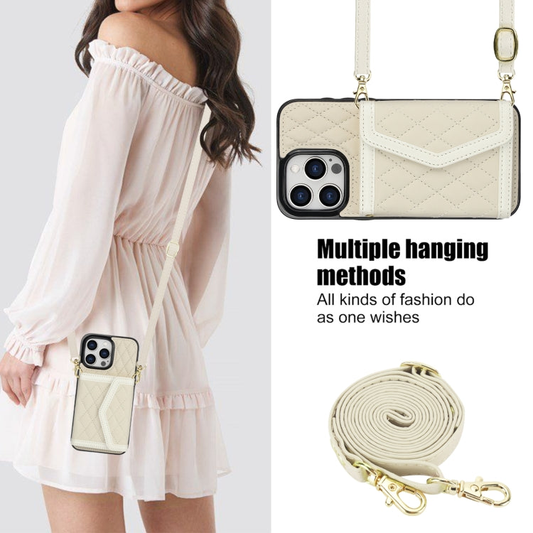 For iPhone 13 Pro Max Splicing Rhombic Texture Card Bag Phone Case with Long Lanyard(Beige) - iPhone 13 Pro Max Cases by buy2fix | Online Shopping UK | buy2fix
