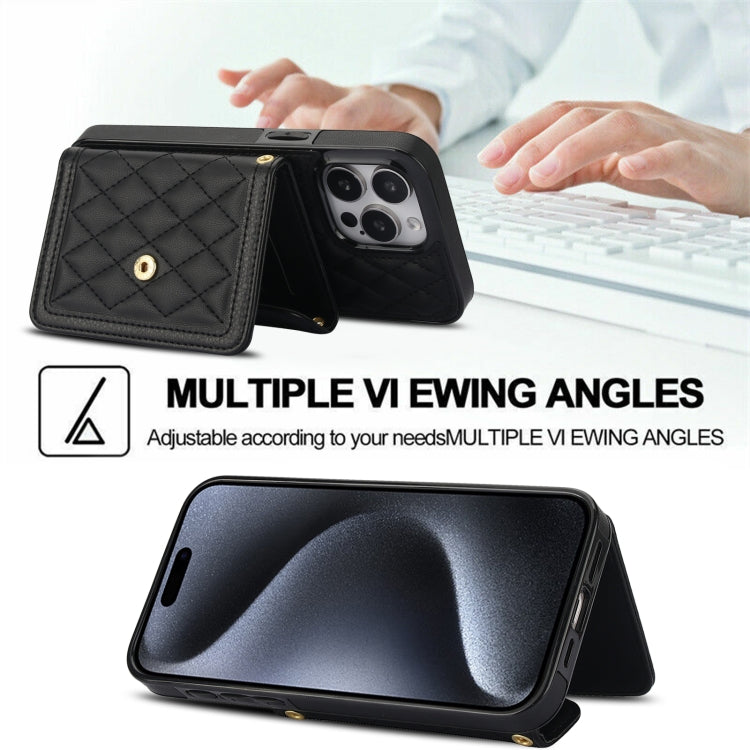 For iPhone 13 Pro Max Splicing Rhombic Texture Card Bag Phone Case with Long Lanyard(Black) - iPhone 13 Pro Max Cases by buy2fix | Online Shopping UK | buy2fix