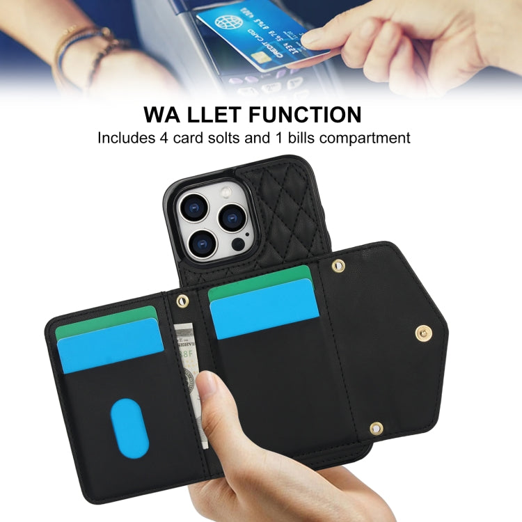 For iPhone 13 Pro Max Splicing Rhombic Texture Card Bag Phone Case with Long Lanyard(Black) - iPhone 13 Pro Max Cases by buy2fix | Online Shopping UK | buy2fix