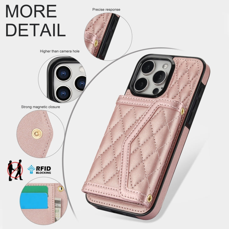 For iPhone 13 Pro Splicing Rhombic Texture Card Bag Phone Case with Long Lanyard(Rose Gold) - iPhone 13 Pro Cases by buy2fix | Online Shopping UK | buy2fix