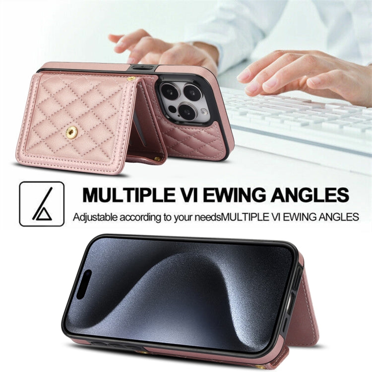For iPhone 13 Pro Splicing Rhombic Texture Card Bag Phone Case with Long Lanyard(Rose Gold) - iPhone 13 Pro Cases by buy2fix | Online Shopping UK | buy2fix
