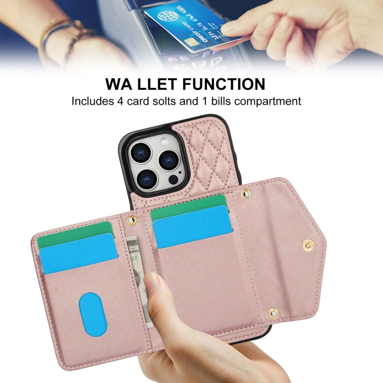 For iPhone 13 Pro Splicing Rhombic Texture Card Bag Phone Case with Long Lanyard(Rose Gold) - iPhone 13 Pro Cases by buy2fix | Online Shopping UK | buy2fix