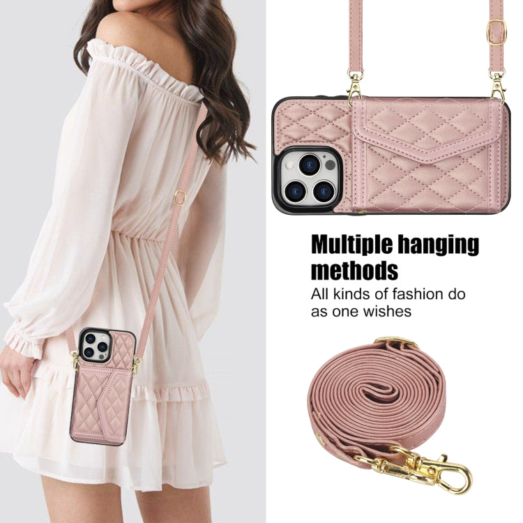 For iPhone 13 Pro Splicing Rhombic Texture Card Bag Phone Case with Long Lanyard(Rose Gold) - iPhone 13 Pro Cases by buy2fix | Online Shopping UK | buy2fix