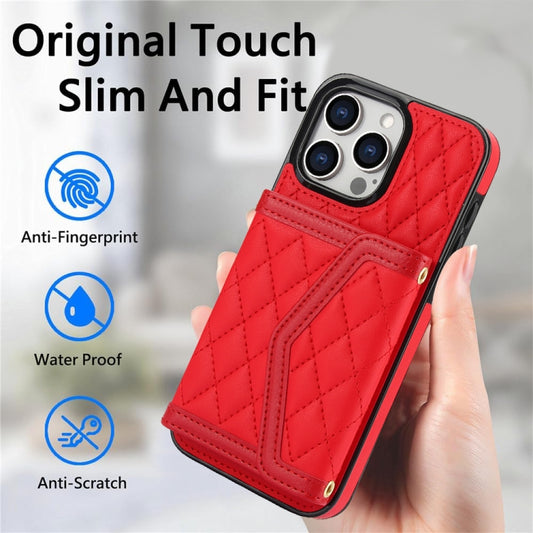 For iPhone 13 Pro Splicing Rhombic Texture Card Bag Phone Case with Long Lanyard(Red) - iPhone 13 Pro Cases by buy2fix | Online Shopping UK | buy2fix