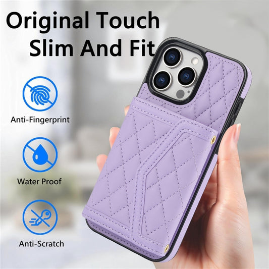 For iPhone 14 Pro Splicing Rhombic Texture Card Bag Phone Case with Long Lanyard(Purple) - iPhone 14 Pro Cases by buy2fix | Online Shopping UK | buy2fix