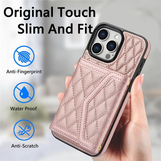 For iPhone 14 Pro Max Splicing Rhombic Texture Card Bag Phone Case with Long Lanyard(Rose Gold) - iPhone 14 Pro Max Cases by buy2fix | Online Shopping UK | buy2fix